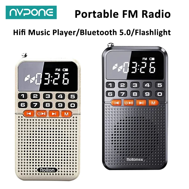 Mini Radio FM portátil Bluetooth 5.0 con tarjeta TF y linterna LED