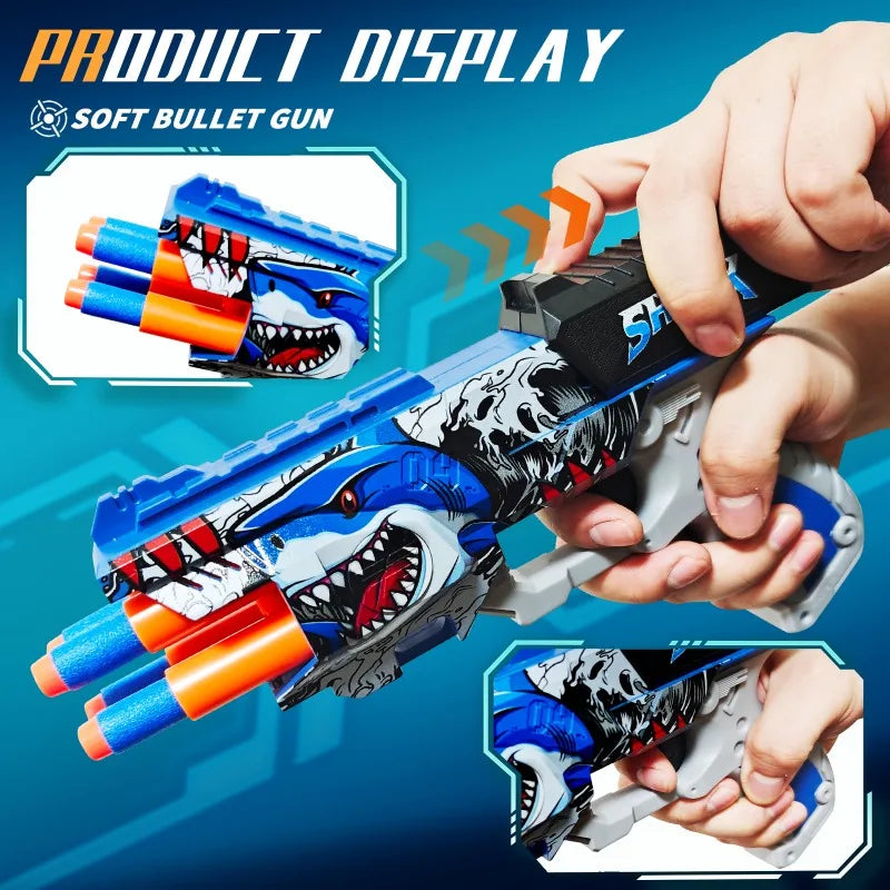 Set de Pistola de Juguete Interactiva de 4 Disparos con Diseño de Tiburón y Dardos de Espuma EVA, con Correa para la Muñeca, Juego de Tiro, Regalo
