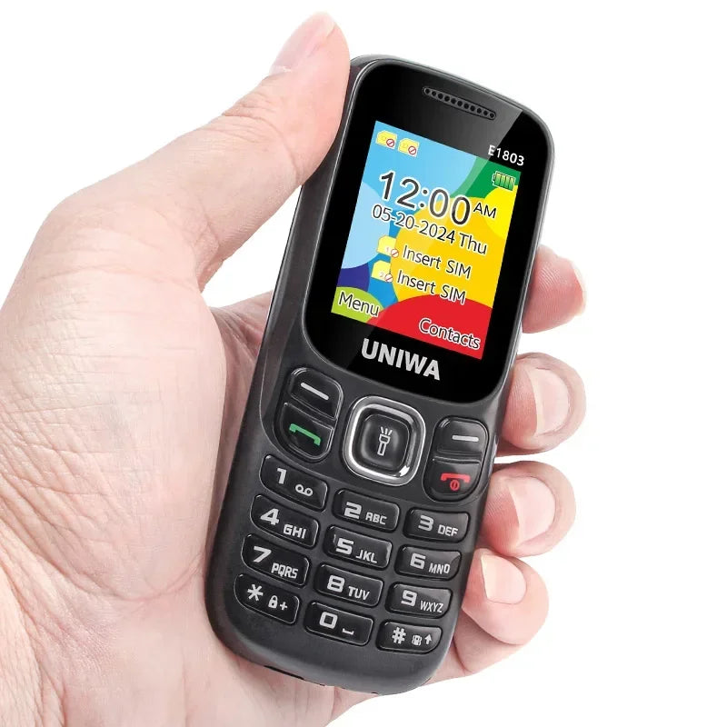 UNIWA E1803 2G precio bajo delgado GSM Mini teléfono móvil Dual SIM T9 teclado 800mAh batería Radio inalámbrica linterna teléfono para personas mayores