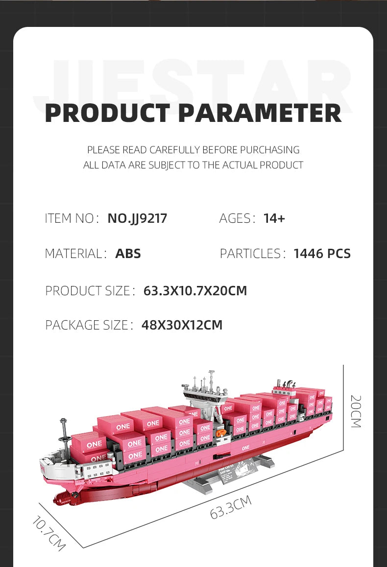 Modelo de bloques de construcción de barco portacontenedores JJ9217, juguete educativo avanzado, conjunto de modelo DIY para decoración de escritorio, regalo de cumpleaños para adultos
