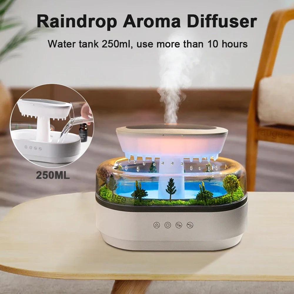 Nuevo humidificador de aire de gota de lluvia, humidificador de Aroma, luz de ambiente colorida, ruido blanco, música esencial, difusor de fragancia de aceite para el hogar