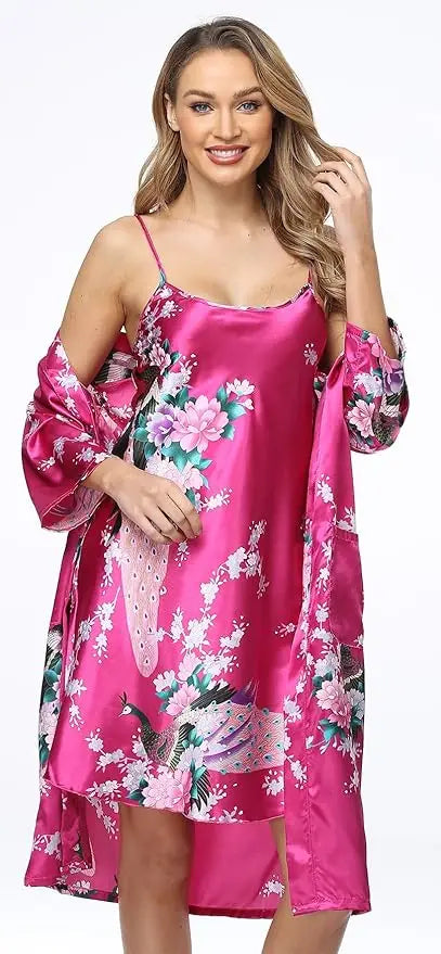 Conjunto de camisón y kimono de satén floral para mujer con camisola, ropa de dormir de 2 piezas, albornoz de pavo real