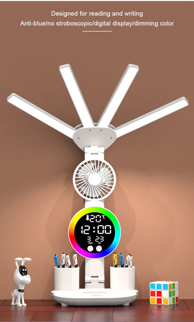 Lámpara de mesa recargable para estudio, lámpara de escritorio, luz de lectura, luz de mesa Led con ventilador, lámpara de lectura de pantalla de reloj Led