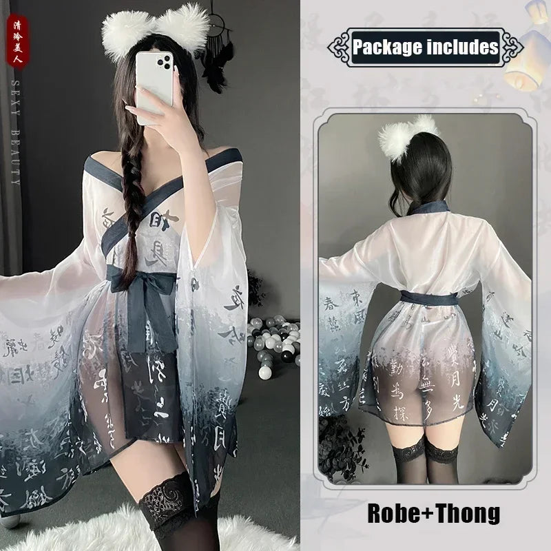 Albornoz de una pieza con estampado de Kimono japonés para mujer, ropa de dormir Sexy, Pijamas informales de manga holgada, conjuntos de bata