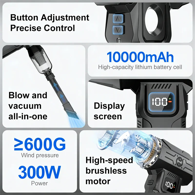 Soplador y aspirador turbo 2 en 1 para coche, hogar y PC, batería 10000 mAh