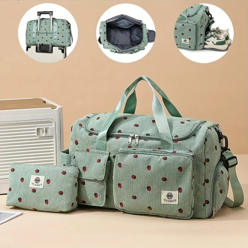 Bolsa de Viaje de Pana con Diseño de Fresa de Gran Capacidad