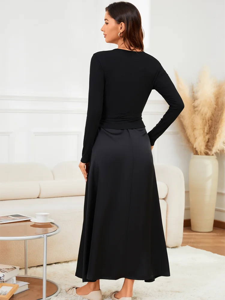VEITCHE 2025 moda mujer vestido largo traje de algodón con cuello en V Top de punto con cinturón + falda larga de tirantes de Color sólido satinado