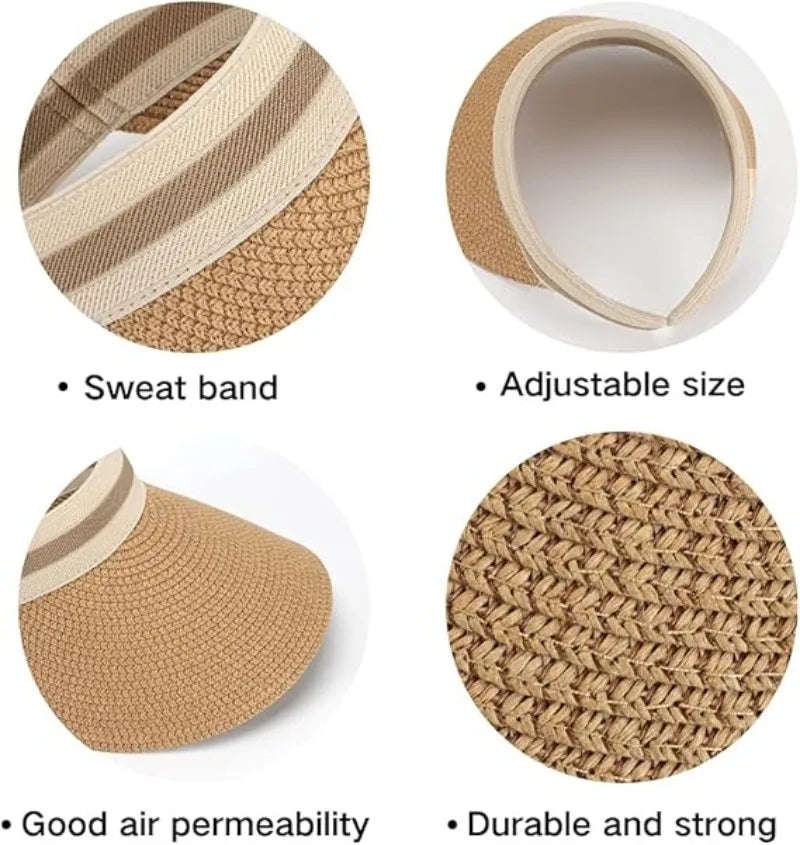Sombrero de Paja para Mujer con Ala Ancha, Protección UV, Visera de Playa para Verano con Orificio para Cola de Caballo, para Golf, Viajes y Actividades al Aire Libre