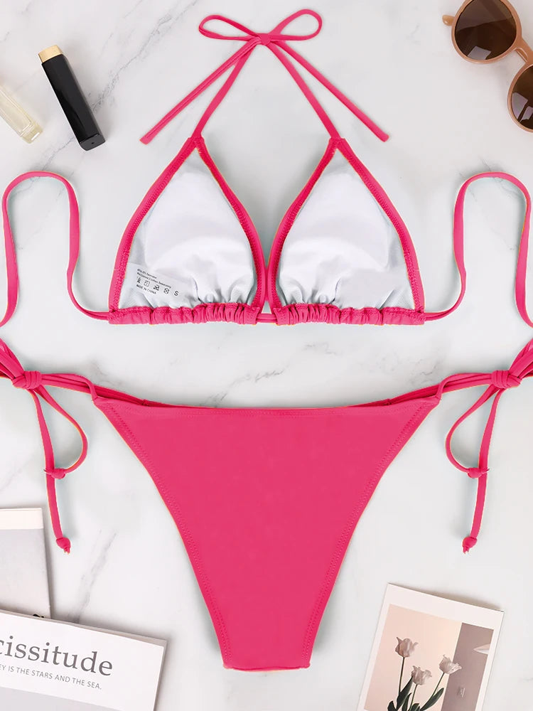 Conjunto de Bikini de 2 Piezas para Mujer, Traje de Baño Sexy de Color Rojo Rosa, con Tirantes Cruzados en la Espalda