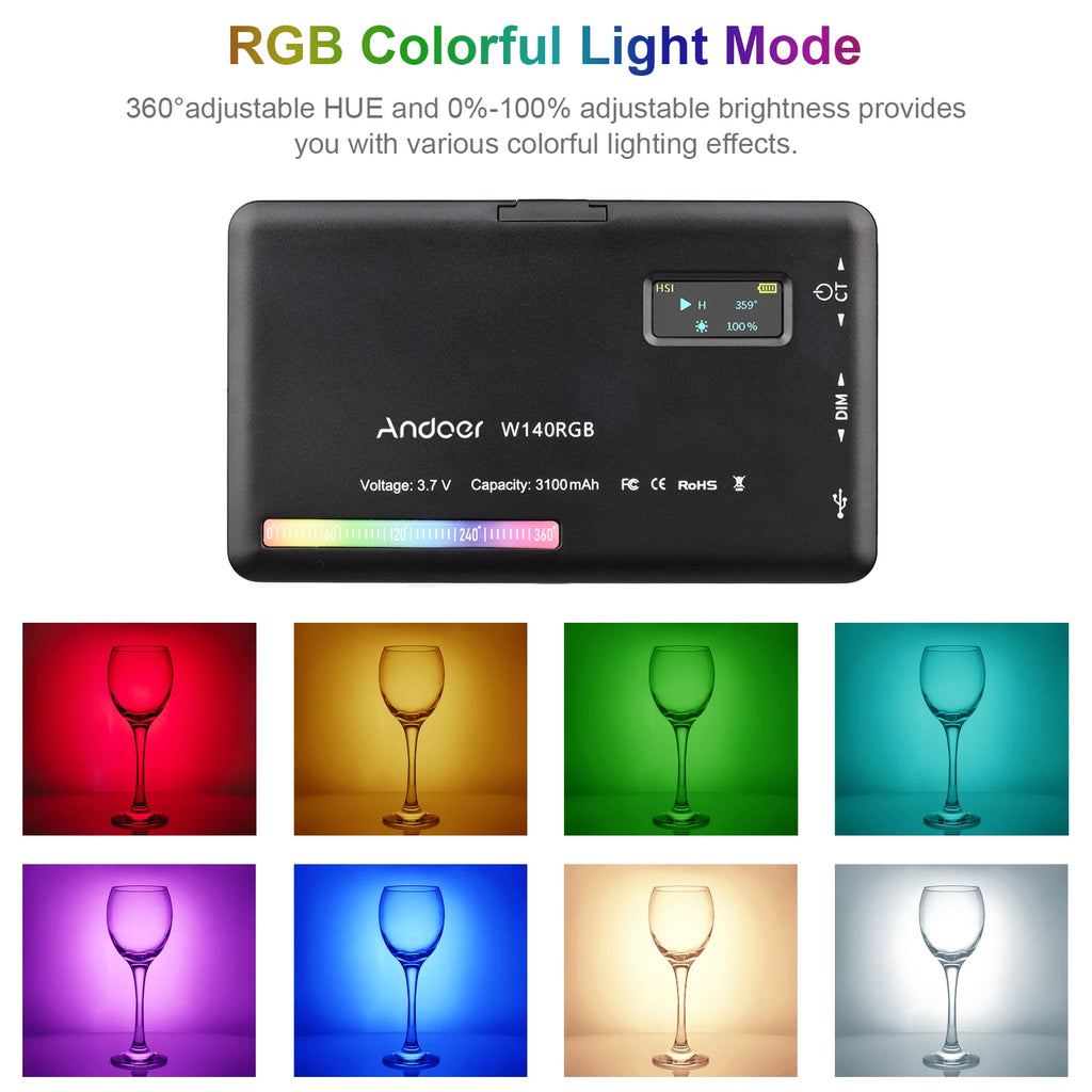 Luz LED Andoer CRI95+ 2500K-9000K Regulable W140 RGB para Video, Recargable, con Pantalla LCD para Vlog