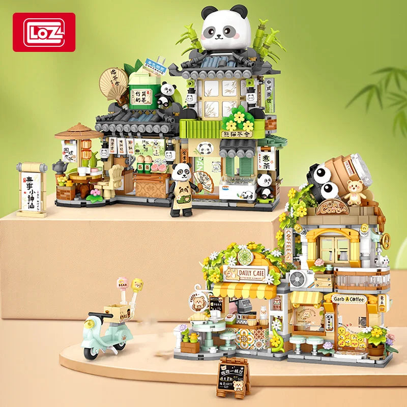 LOZ - Juego de Bloques de Construcción de la Serie Escena Urbana Plegable, Casa de Té Panda, Cafetería, Adorno de Escritorio, Regalo de Cumpleaños para Adultos