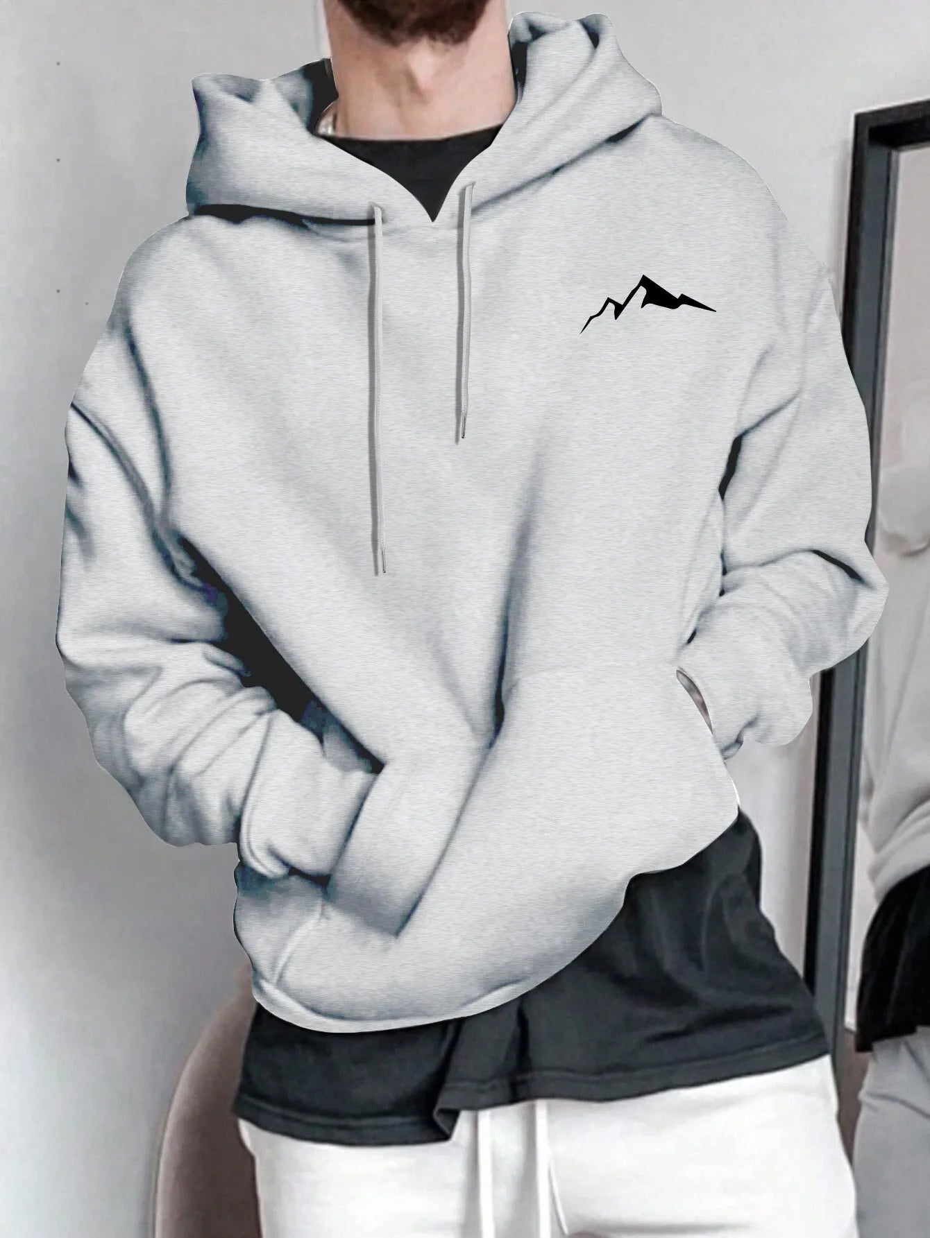 Sudadera con capucha de manga larga con estampado gráfico de montaña, informal, holgada, para hombre, de otoño e invierno, cálida.