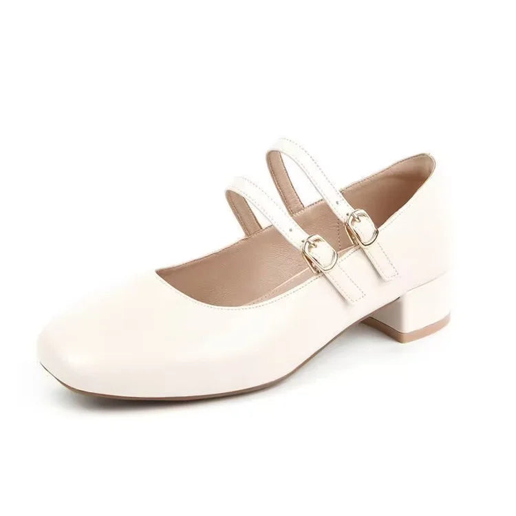 2025 Nuevos zapatos de tacón Mary Jane de charol burdeos para mujer, zapatos de vestir de tacón bajo con doble hebilla dorada de inspiración vintage