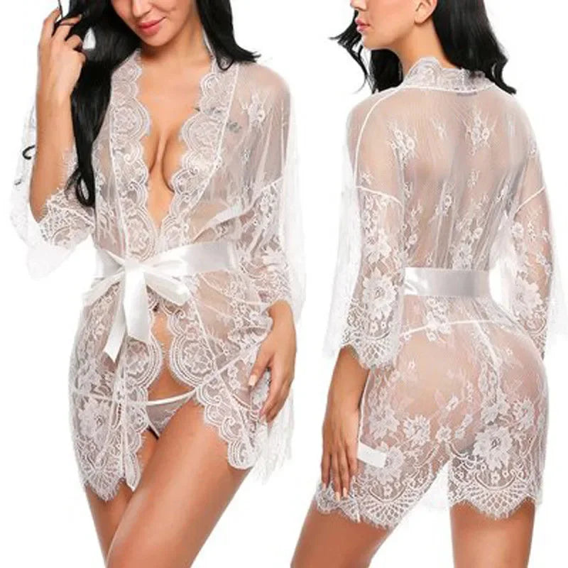 Babydoll Transparente con Cuello en V, Tanga de Encaje para Mujer