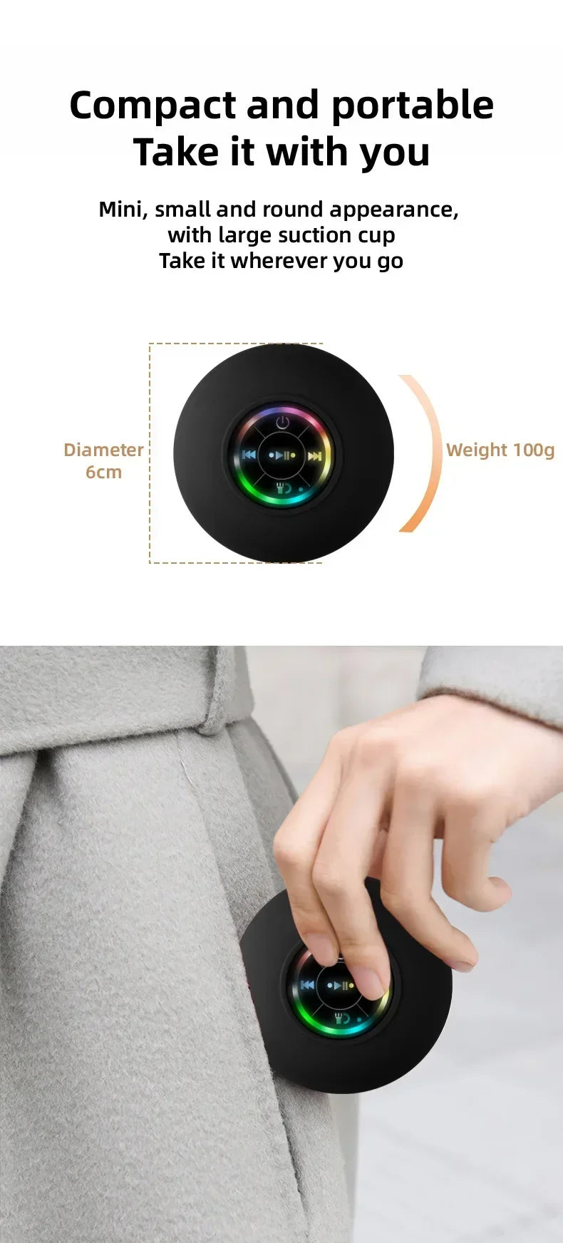 Altavoz de ducha Bluetooth, minialtavoz inalámbrico portátil con micrófono, ventosa IPX4, resistente al agua para viajes, piscina, río flotante