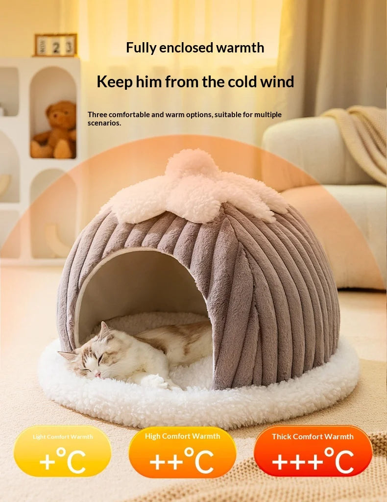 Cama para Gatos de Felpa Semicerrada con Capucha - Cálida y Lavable