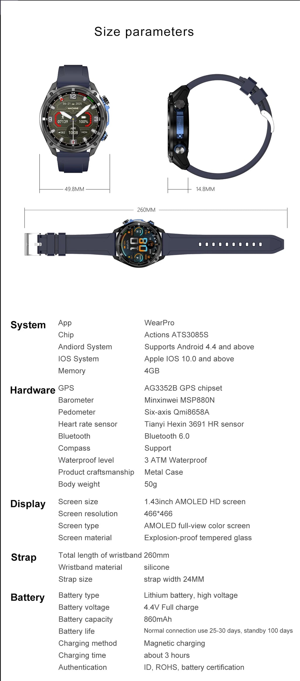 T-Rex3 Reloj Inteligente Militar GPS 10ATM