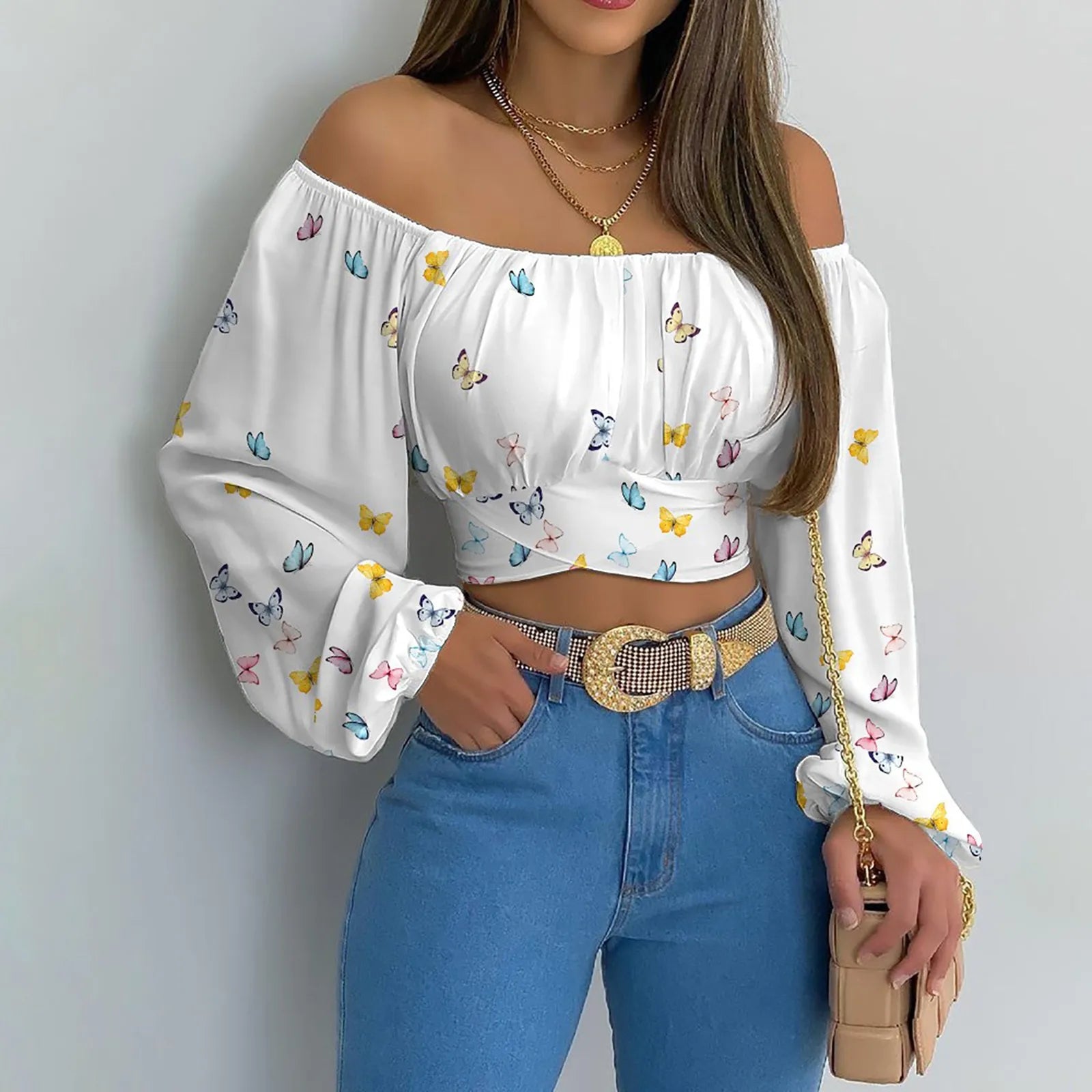 Blusa con Hombros Descubiertos y Lazo de Manga Larga