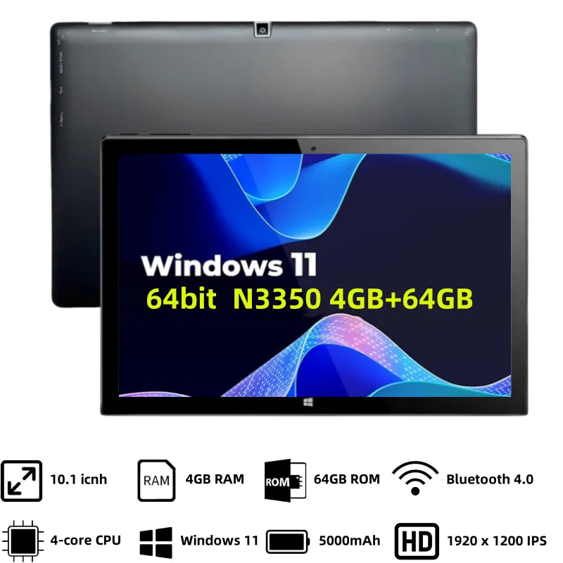 Tablet PC AR20 de 10.1 Pulgadas con Windows 11, 4 GB de RAM DDR, 64 GB, Intel Celeron N3350 de Cuatro Núcleos, 1920 x 1200 HD IPS, HD-MI, Tipo-C, Cámaras Duales