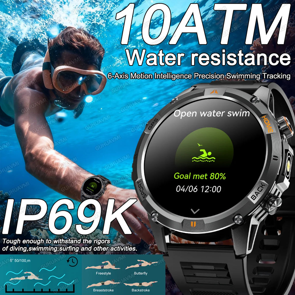 2026 nuevo reloj inteligente militar GPS para hombres construcción GPS linterna LED 10ATM impermeable ritmo cardíaco deporte BT llamada HD AMOLED Smartwatch
