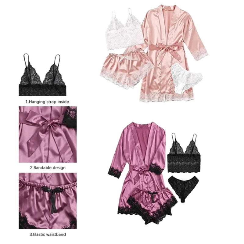 Conjunto de pantalones de pijama sexys de verano para mujer, 4 piezas de satén de encaje con bata de dormir de seda, ropa de dormir cómoda y a la moda