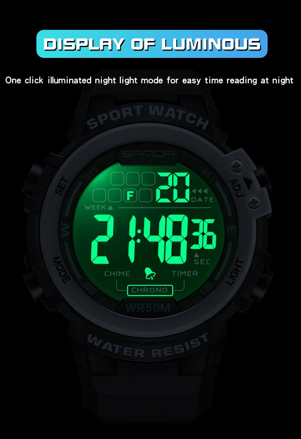 Reloj Digital SANDA 2140 Chrono para Hombre, 5 Bar Multifunción Deportivo
