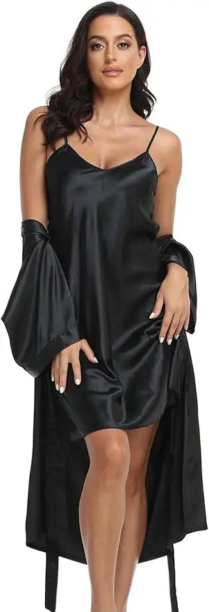 Conjunto de pijamas de seda de lujo para mujer, bata de manga larga, falda holgada cómoda, pijamas para mujer, conjunto de dos piezas