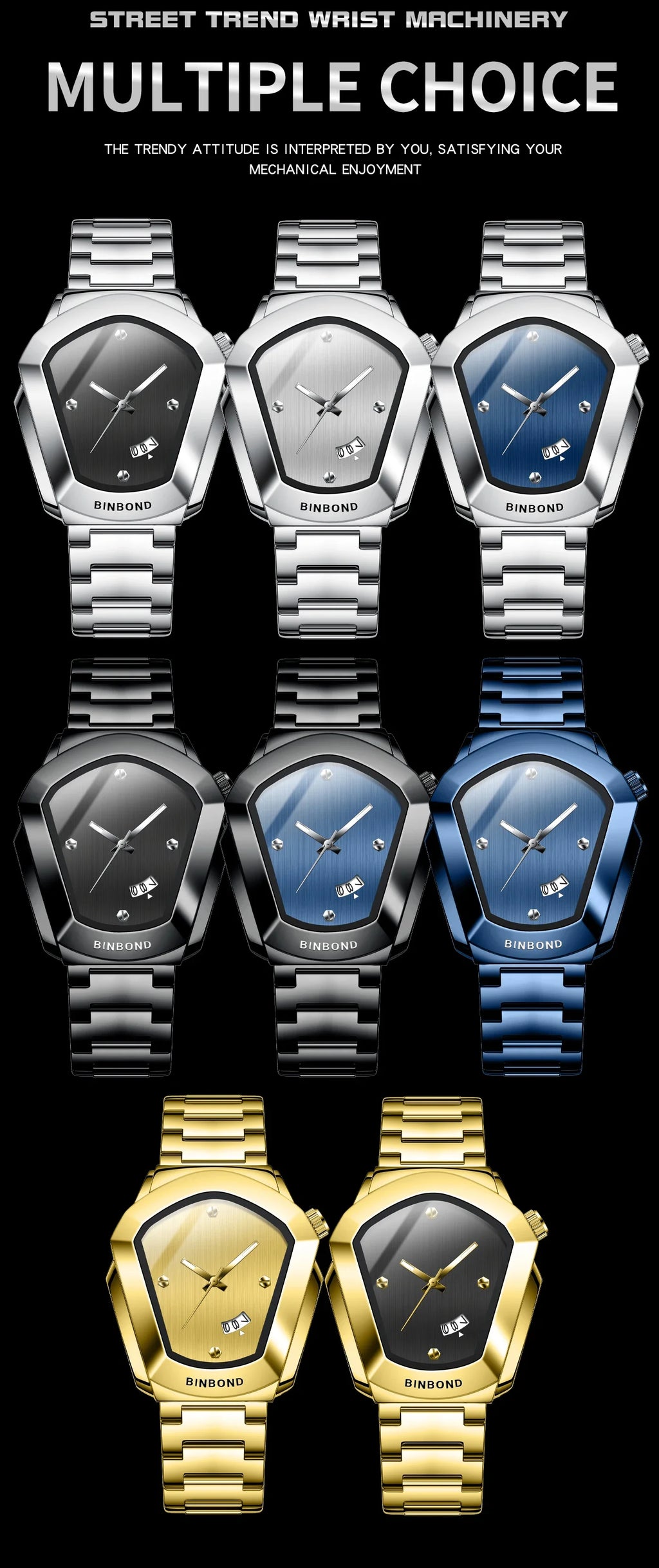 Reloj de Cuarzo BINBOND para Hombre, Lujo, Acero Inoxidable, Calendario