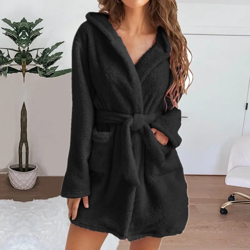 Otoño Invierno mujer bata de baño Sexy pijamas de felpa esponjosos señoras con capucha vestido de Color sólido Albornoz cálido ropa de descanso femenina