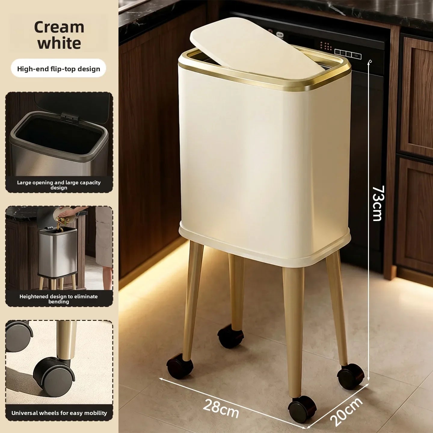 Cubo de basura rodante de acero inoxidable con tapa, 15 litros