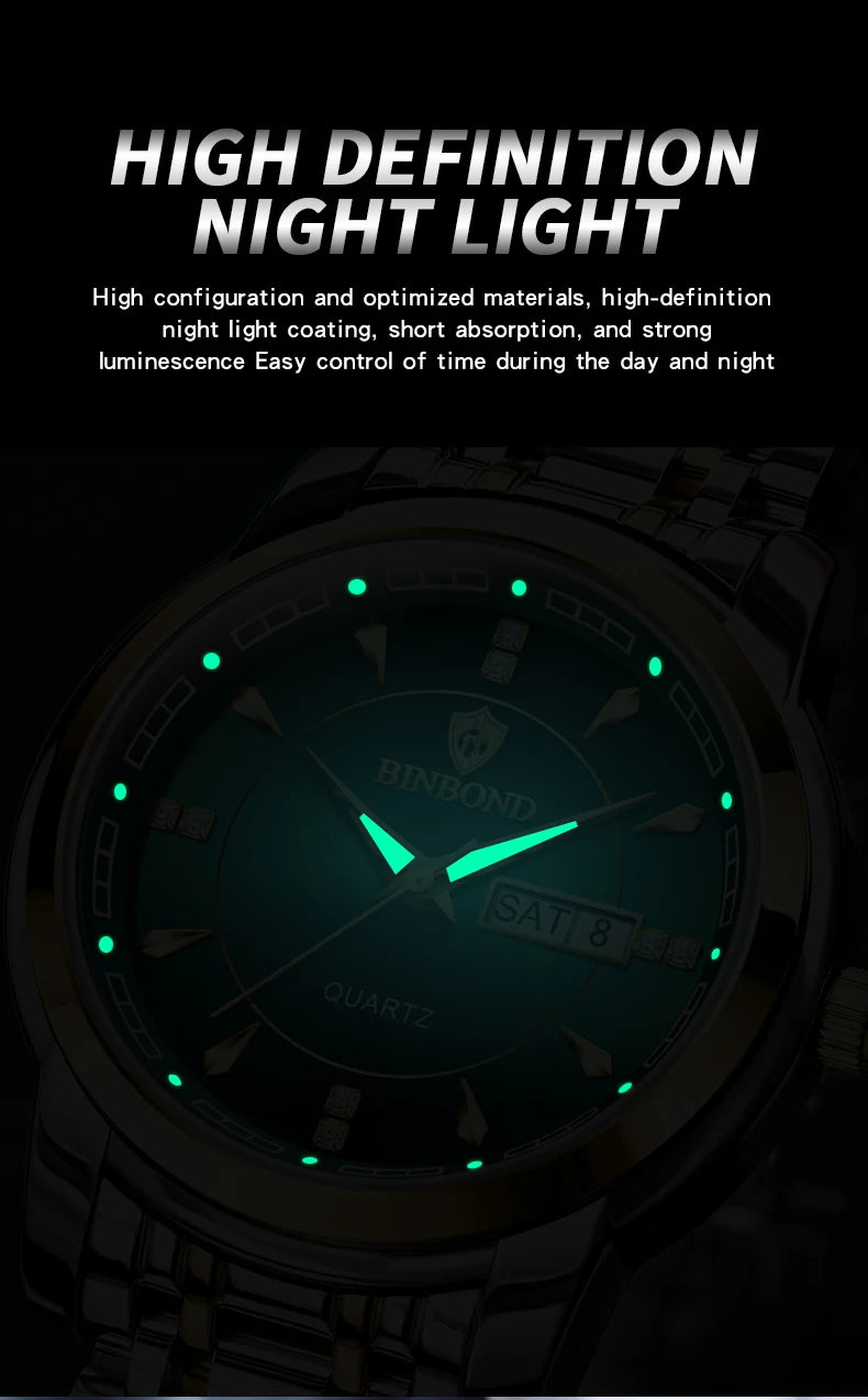 Reloj de Cuarzo BINBOND para Hombre de Negocios, Luminoso, Resistente al Agua