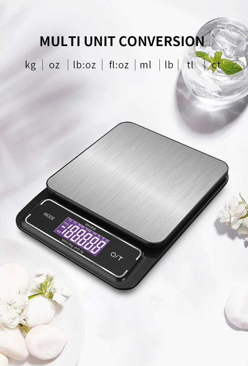 Báscula de cocina electrónica Digital de 6kg/0,1g, 10kg/1g, pantalla LCD, herramienta de medición de acero inoxidable totalmente impermeable para hornear