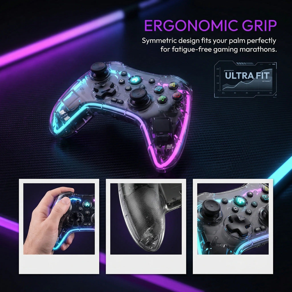 Controlador de juegos inalámbrico, controlador de juegos Bluetooth ergonómico con efecto de luz RGB para Switch, PS3, PS4, iPhone, teléfono Android, PC