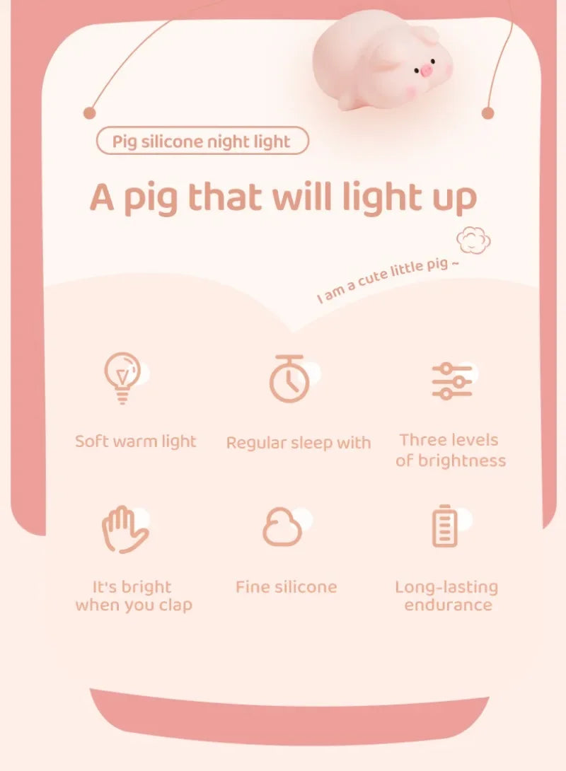Luz nocturna de cerdito rosa, bonita luz nocturna de silicona, lámpara LED Pat, decoración de habitación, carga USB, lámpara de ambiente interior, regalo para niños