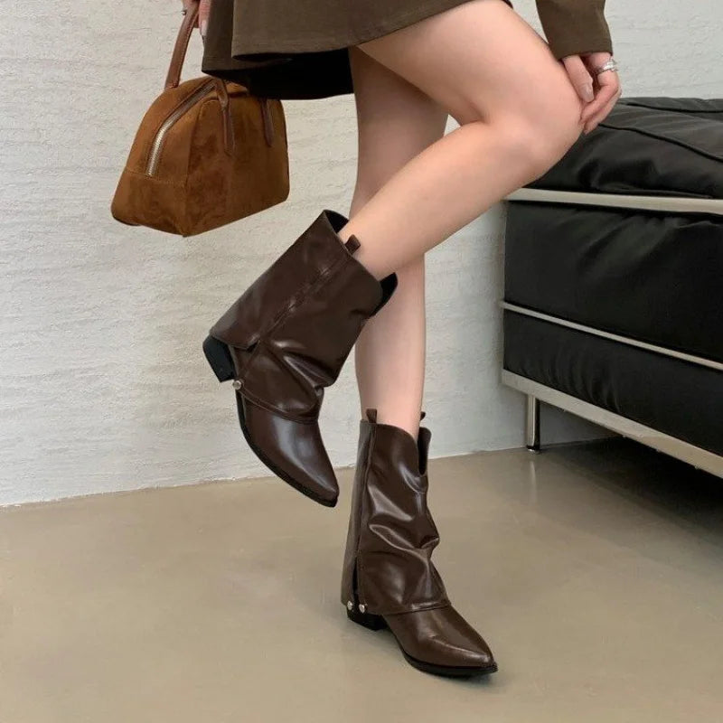 2025 nuevas botas de vaquero del oeste para mujer, botas de cuero Vintage con punta estrecha y tacón grueso a media pantorrilla para mujer, botas de Otoño Invierno