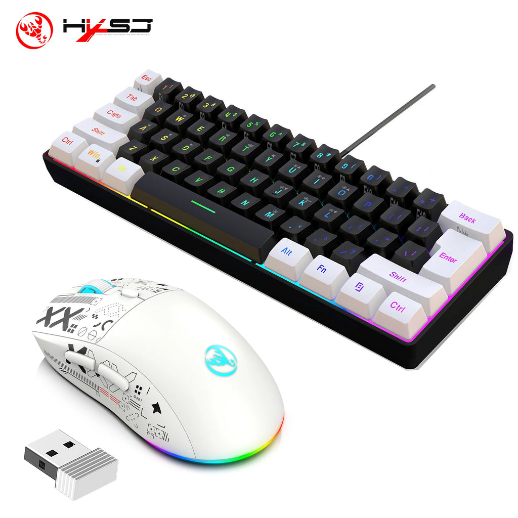 HXSJ-60% Juego de teclado y ratón retroiluminado RGB, teclado con cable de 61 teclas, ratón inalámbrico óptico para juegos de 3 modos para ordenador portátil y PC