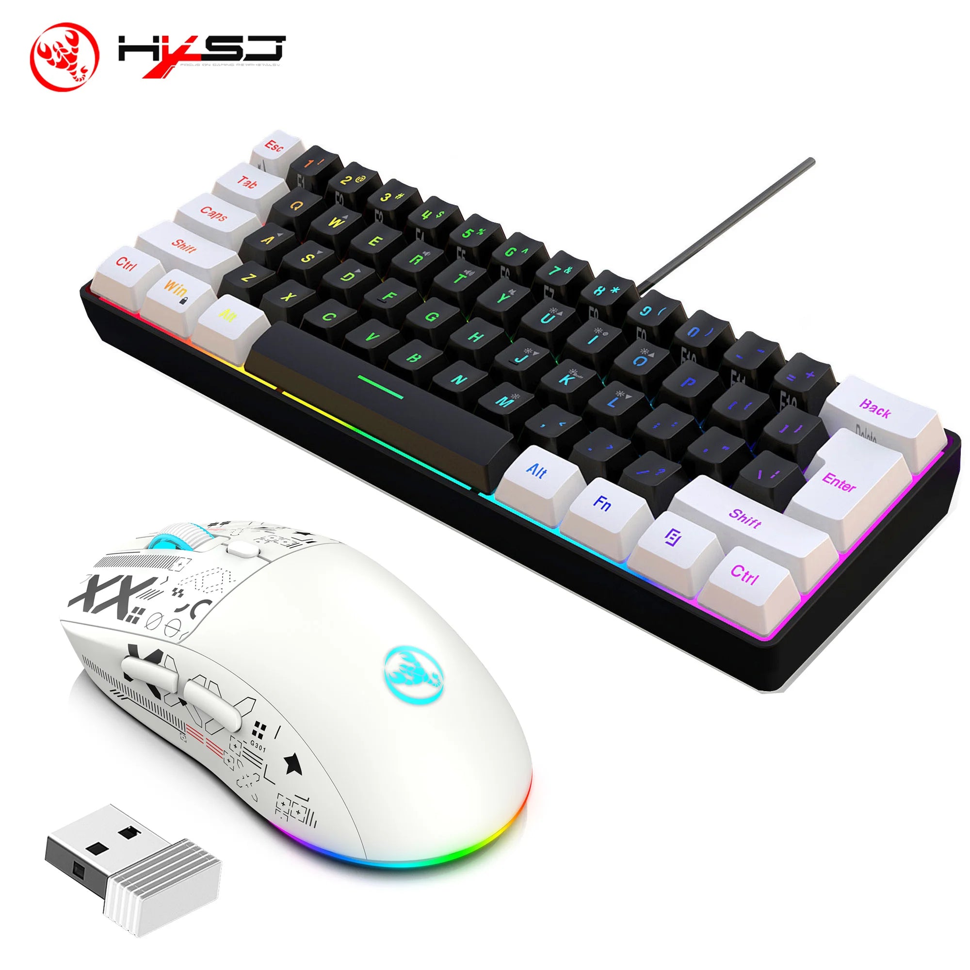 HXSJ-60% Juego de teclado y ratón retroiluminado RGB, teclado con cable de 61 teclas, ratón inalámbrico óptico para juegos de 3 modos para ordenador portátil y PC