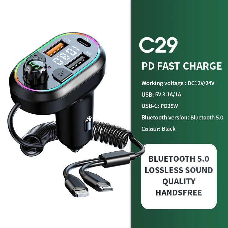 Transmisor FM Bluetooth 5.0 para Auto con Carga Rápida Type-C PD 25W