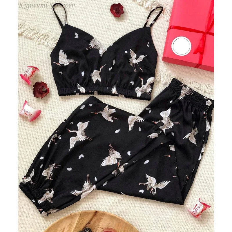 Conjunto de pijamas de seda sintética satinada para mujer, Top con tirantes y pantalones, ropa de dormir con estampado Floral, ropa de dormir de otoño para el hogar, bata de S-XXL