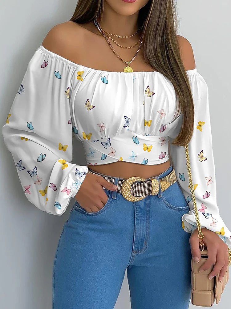 Blusa con Hombros Descubiertos y Lazo de Manga Larga