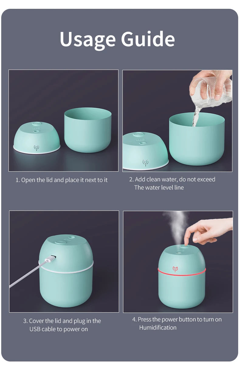 Humidificador ultrasónico USB portátil con difusor de aromas y luz LED