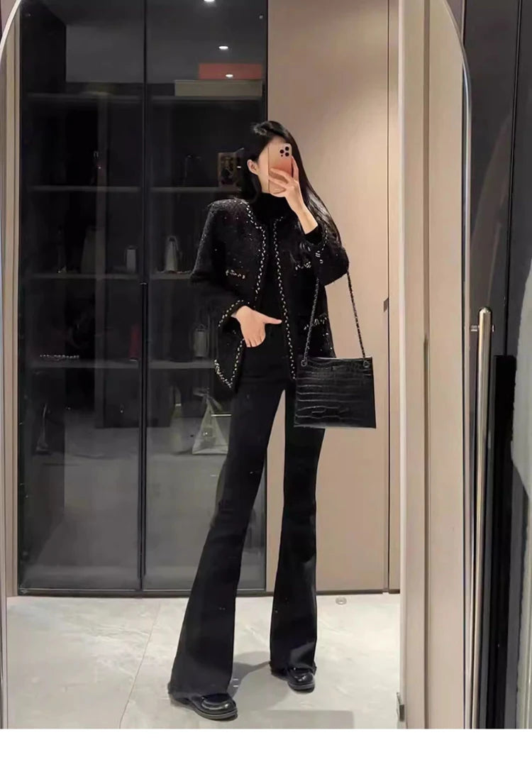 Pantalones Vaqueros Acampanados de Cintura Alta con Forro Polar para Mujer, Talla Grande