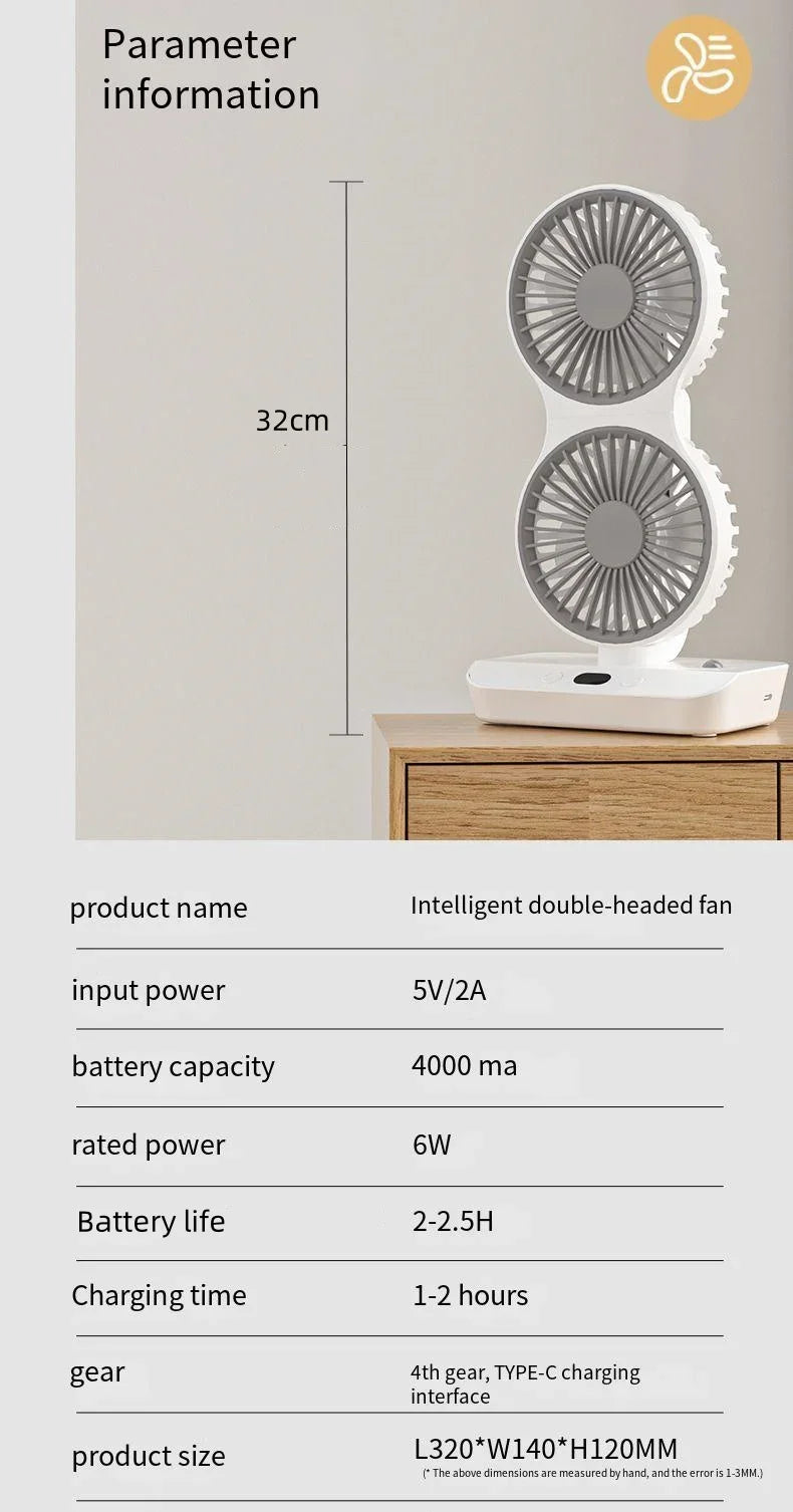 Ventilador vibrador multifunción de doble cabezal, dispositivo portátil con pantalla Digital de alta definición y 4 engranajes ajustables, luces nocturnas, novedad de 2024