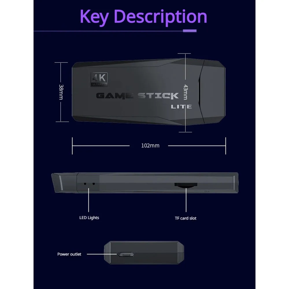 Consola de Videojuegos Retro 4K HD Game Stick Lite con Dos Controles Inalámbricos 2.4G, Plug & Play, con Juegos Clásicos Integrados