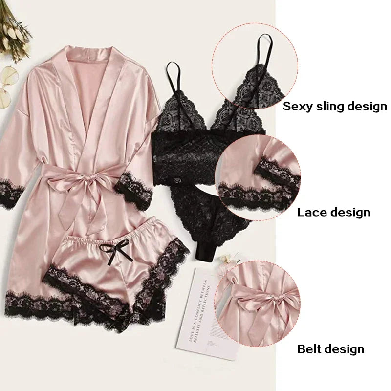 4 piezas ropa de dormir para mujer pijamas Ser con bata lencería de encaje Sexy Albornoz satén de seda ropa de dormir para el hogar bata