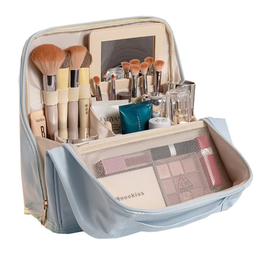 Bolsa de Maquillaje de Viaje para Mujer, Gran Capacidad, Impermeable, Organizador de Cosméticos con Abertura Amplia, Soporte para Brochas Independiente, Fácil Acceso