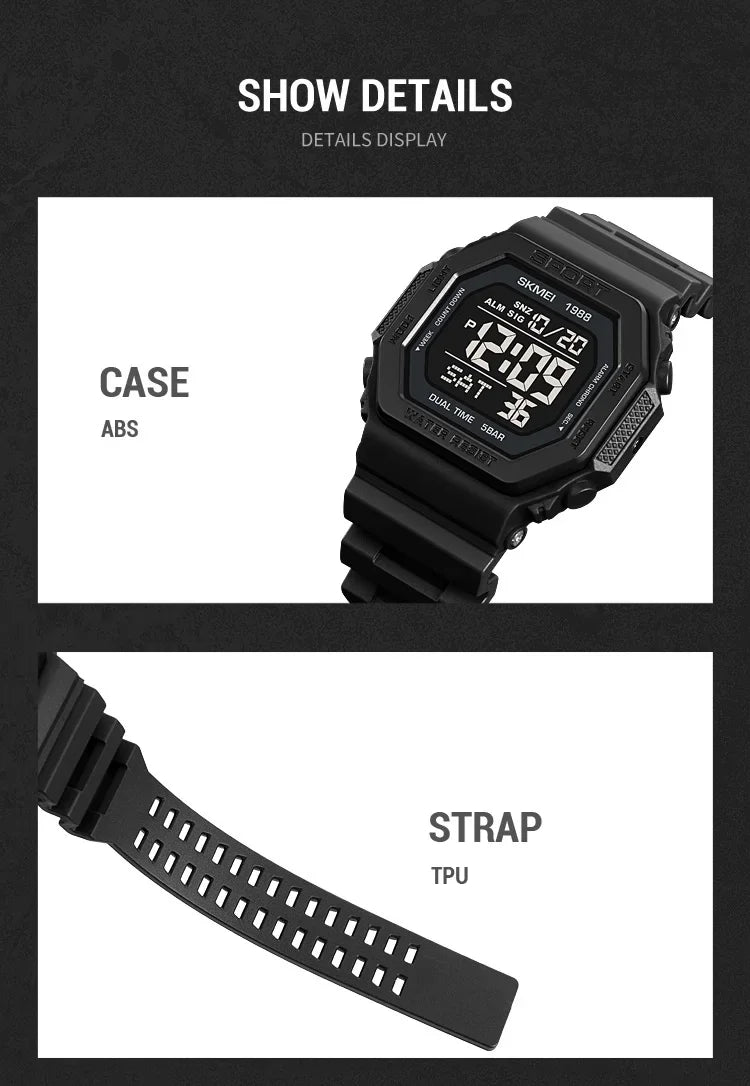 Reloj deportivo Digital SKMEI 1988 para Hombre, pantalla LED, relojes de pulsera militares con cuenta atrás, Reloj impermeable para Hombre 1628