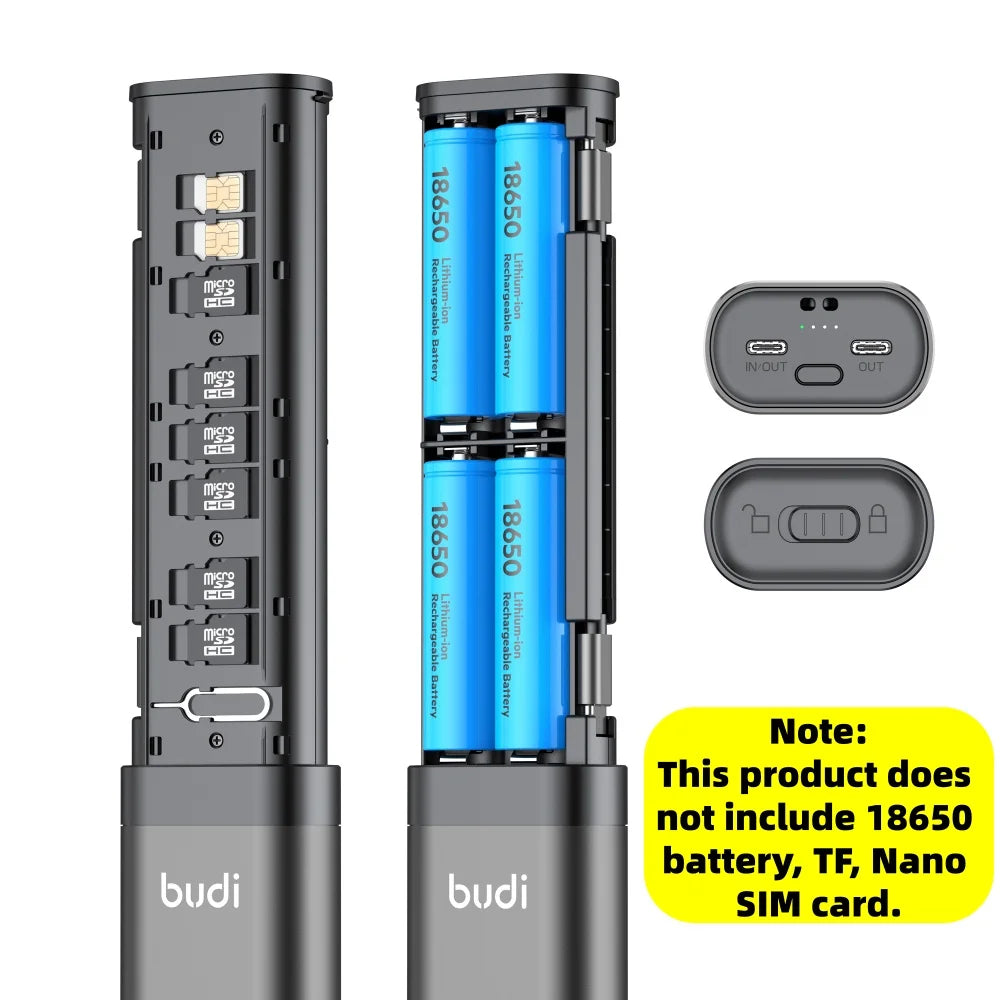 Cargador Rápido de Baterías Budi 18650, Banco de Energía PD de 20W con Herramienta de Extracción de Agujas y Almacenamiento para Tarjetas SIM/TF