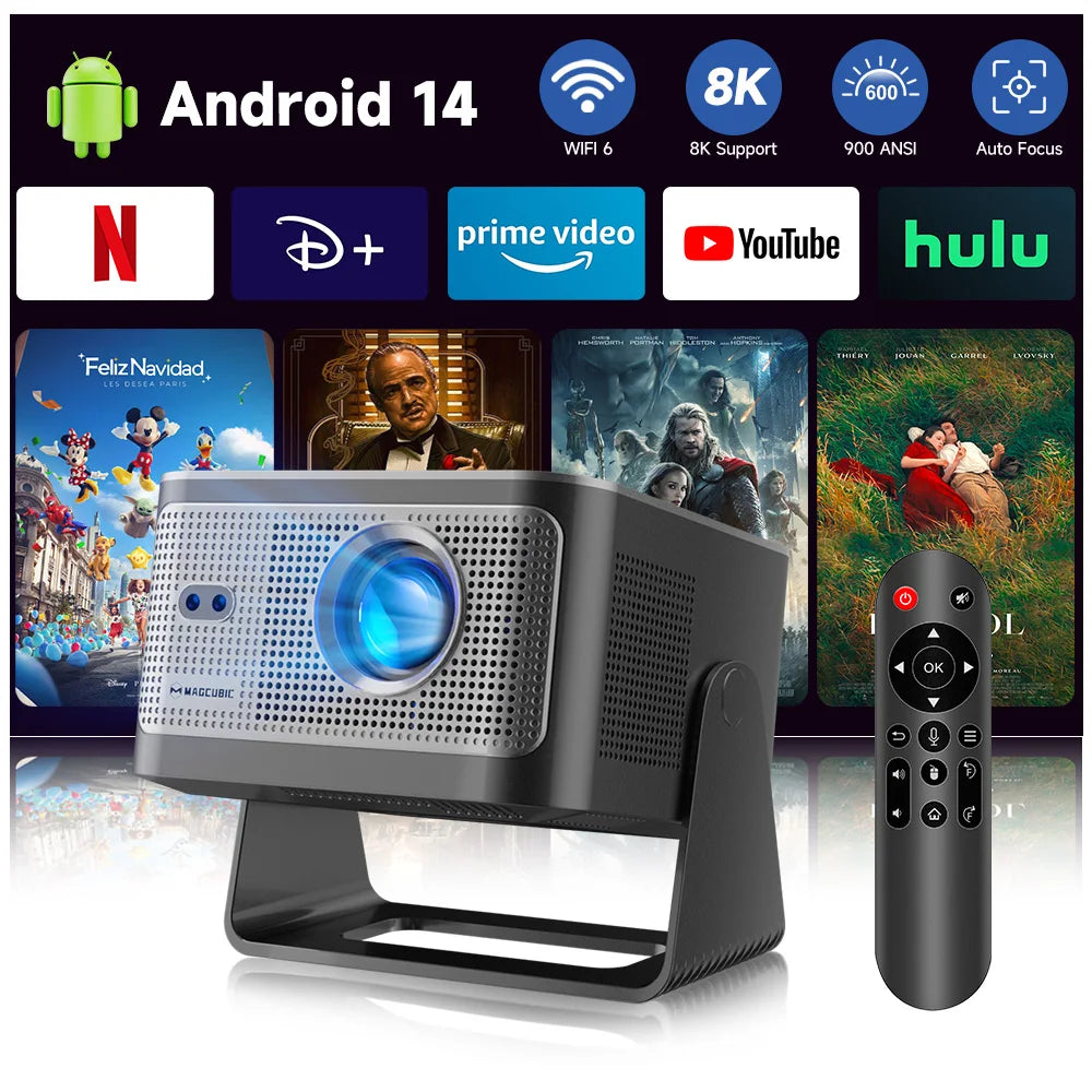 Proyector Magcubic 900ANSI con Enfoque Automático, 8K Nativo, 1080P, Android 14, Wifi 6, BT 5.4, HY350Max, para Películas, Uso en Exteriores, Proyección Multiángulo