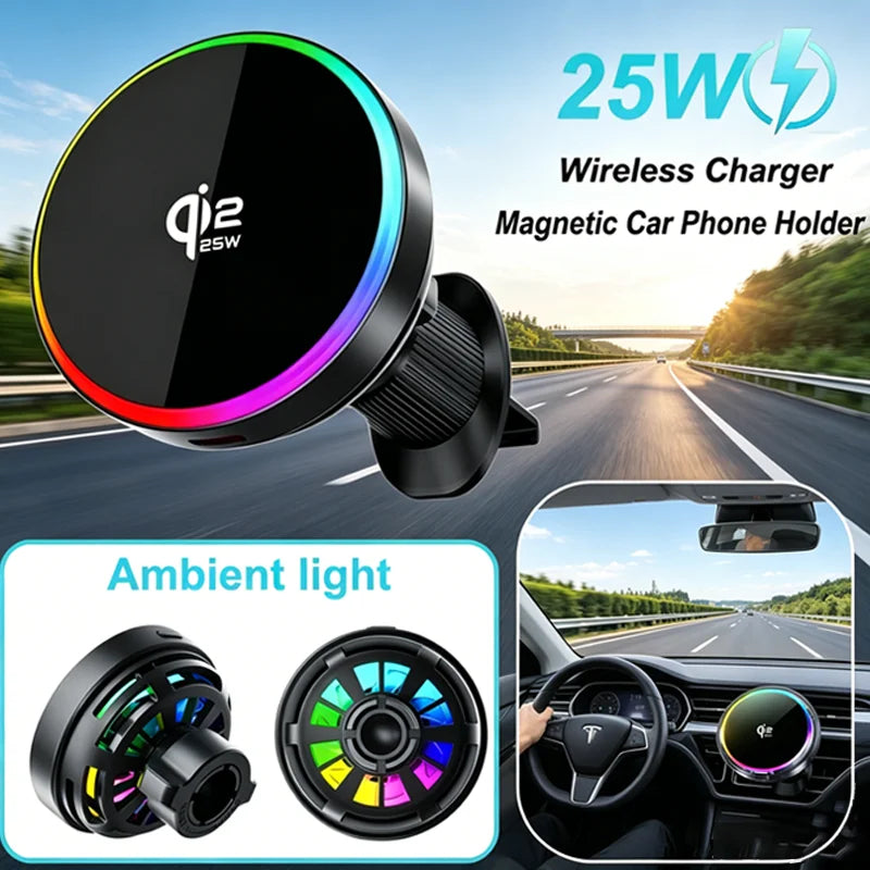 Cargador Magnético para Coche Qi2 de 25W con Luz RGB, Soporte para Rejilla de Ventilación con Carga Rápida y Refrigeración para iPhone 17 Pro Max